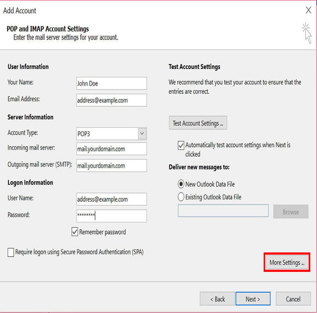 Outlook 2010 "Internet E-mail Settings" window for POP3